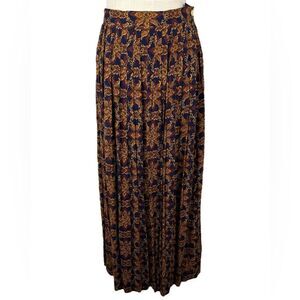 Sk & Company Navy & Gold Floral Vintage High Waist Pleated Midi Skirt